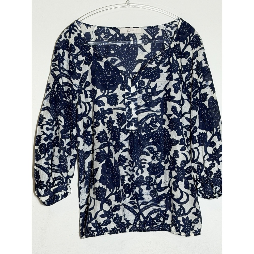 Loft Women's Small Lightweight Cotton Silk 3/4 sleeve Top Boho Travel Vacation